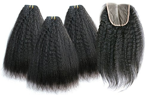 Ms Fenda Hair Kinky Straight Coase Yaki Natural Color Remy Virgin Brazilian Human Hair 3 Bundles with 1pc 4x4 Lace Closure