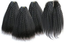 Ms Fenda Hair Kinky Straight Coase Yaki Natural Color Remy Virgin Brazilian Human Hair 3 Bundles with 1pc 4x4 Three Parting Lace Closure(12"12"12"+8"ThreeParting)