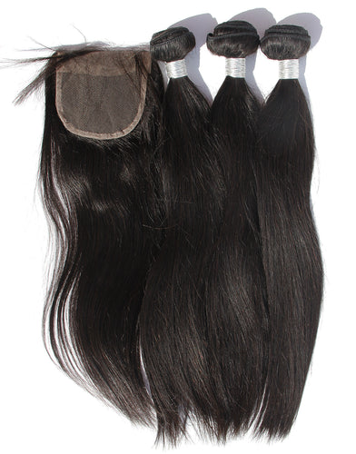 Ms Fenda Brazilian Virgin Human Hair Weaving Wefts 3 Bundles 1 piece 4x4 closure (Straight)
